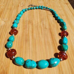Jay King DTR mine finds Turquoise Amber 24" vintage necklace 925 Sterling Silver